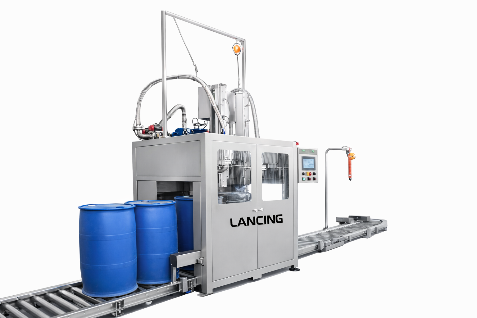 Industrial chemical filling machine handling large blue drums